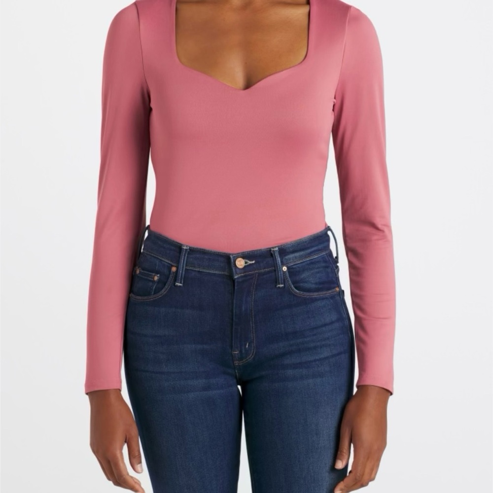 Pinque Pink Sweetheart Neck Long Sleeve Top Women’s Large Stretch Fitted Blouse